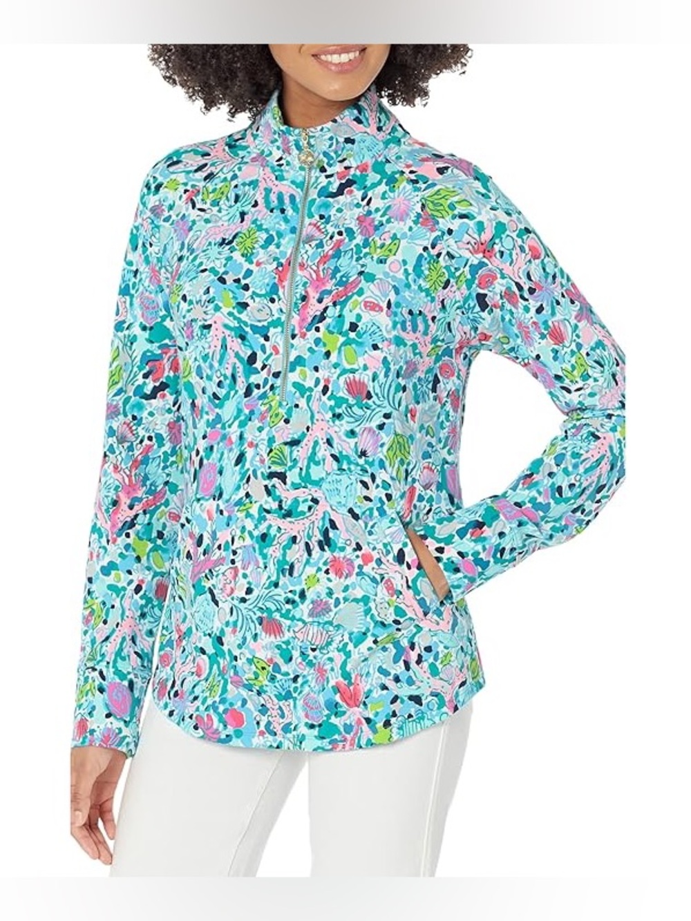 Lilly Pulitzer Aqua Pink Green Floral Quarter-Zip Pullover